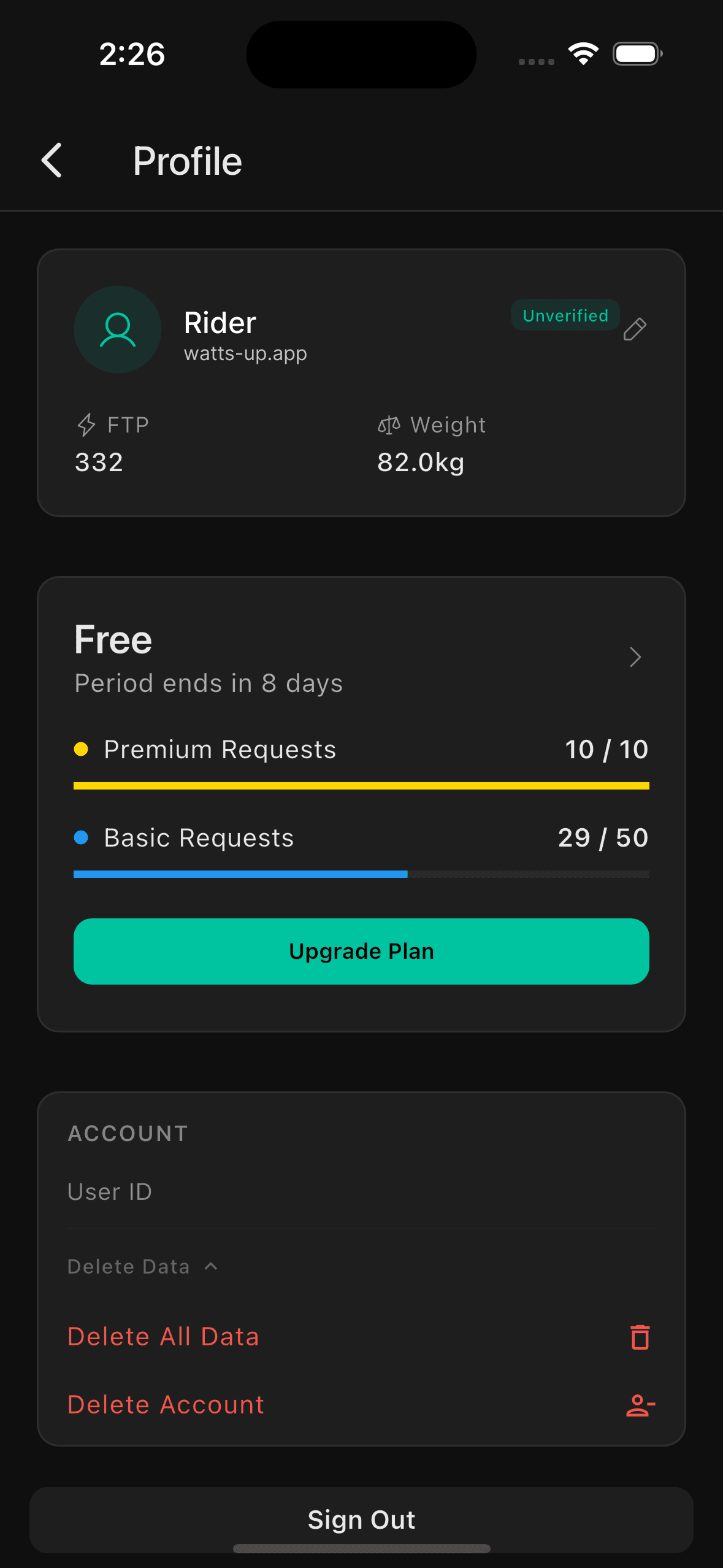 Profile page Account section